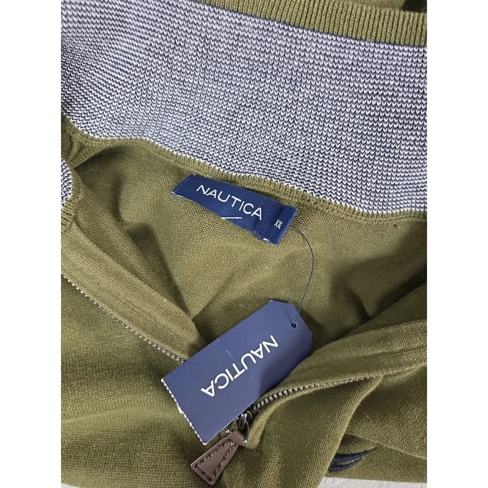 Nautica Mens 2XL Pullover Sweater 1/4 Zip Olive Green Logo‎ Preppy Golf Walk NEW